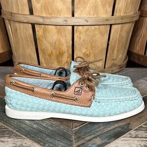 Sperry A/O 2-Eye Woven Robins Egg Aqua Blue Leather Boat Shoes Womens Size 7.5